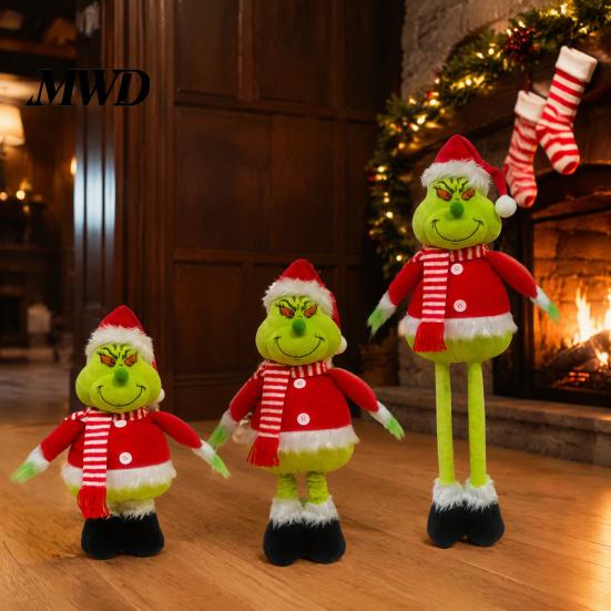Christmas Tree Ornament Green Elf Plush Toy, Soft Stuffed Animal Doll with Standing Retractable Long Leg for Holiday Home Fireplace Mantel Decor Party