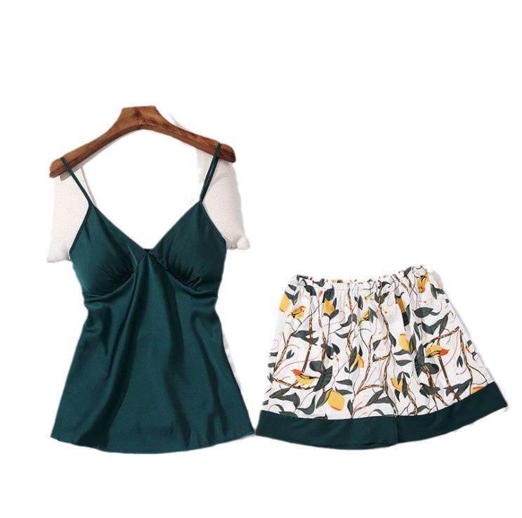 

Женский домашний комплект из двух предметов из ледяного шелка однотонного цвета с нагрудными вкладышами M зелёный