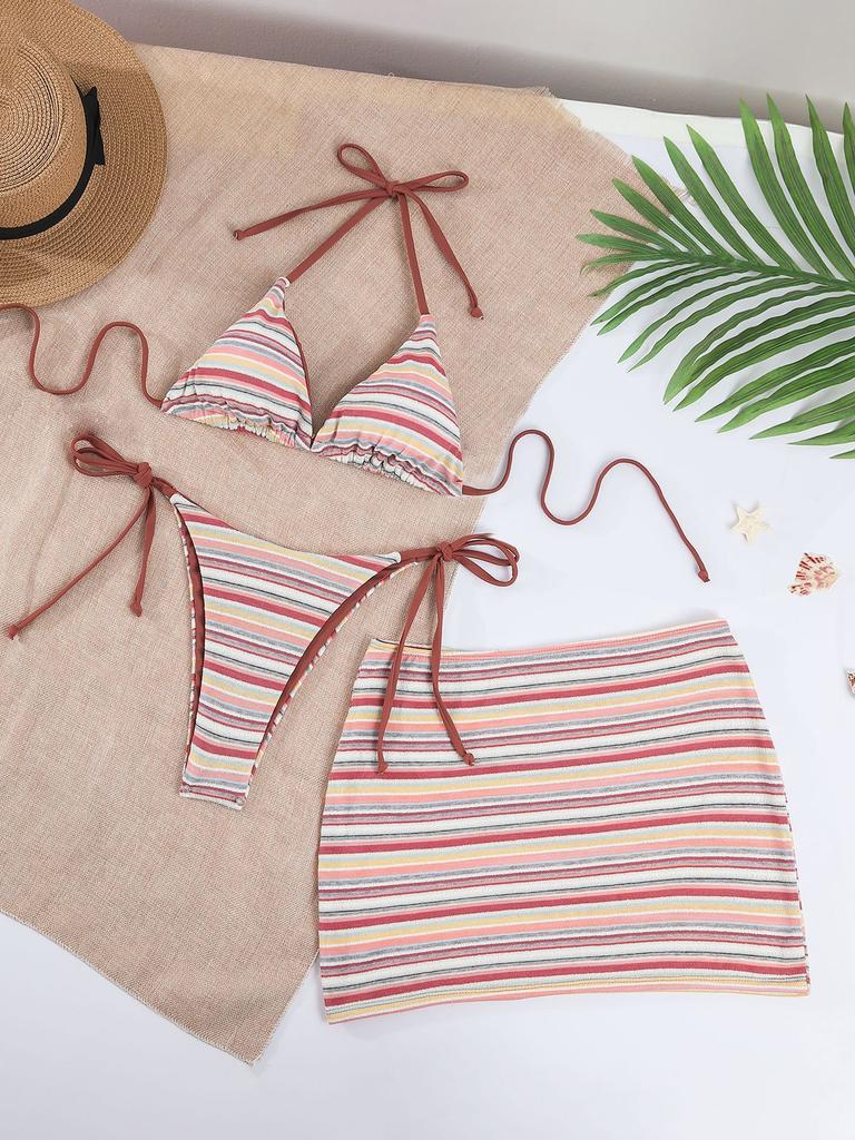 3 Pieces Bikinis Sexy Women Swimsuit Female Thong Striped Swimwear Bikini Set Swimming Suit Beachwear Biquini Bathing Suit
