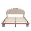 Upholstered Bed with Multicolor, Changing Light Strips, Headboard, with Upholstered Round Legs, Youth Bed, Double Bed, Velvet, Beige+pink, 140x200cm
