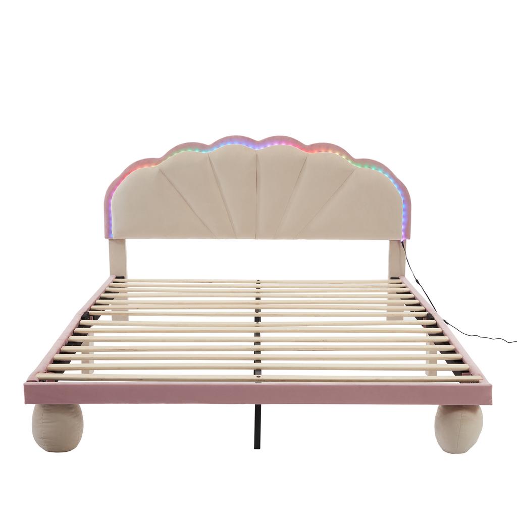 Upholstered Bed with Multicolor, Changing Light Strips, Headboard, with Upholstered Round Legs, Youth Bed, Double Bed, Velvet, Beige+pink, 140x200cm