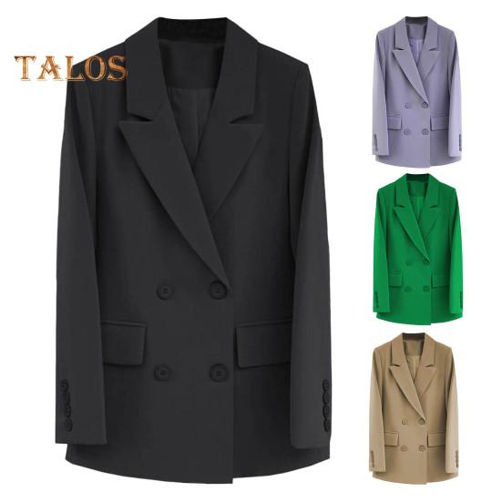 Damen Anzugjacke Revers Langarm Zweireihig Anzugjacke mit Pattentaschen Einfarbig Lockere Passform Lässige Business-Oberbekleidung