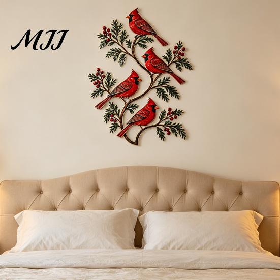 Unique Outdoor Yard Decorations Metal Bird Wall Decor, Red & Chickadee Sculpture with Branches and Gifts for Garden Lovers Berries, 2D Iron