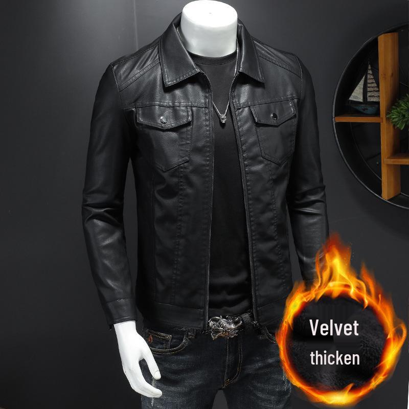 Men's Slim Fit PU Leather Motorcycle Jacket - 2024 Spring/Autumn Korean Style with Fleece Lining