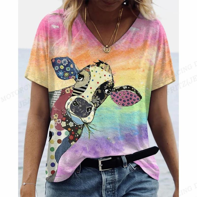 

Round Neck Top 3D Printed Trendy Animal Cow Print Short Sleeved Casual Breathable Women s T-shirts M