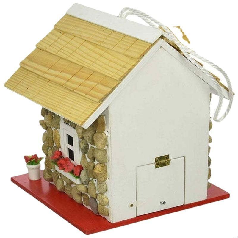 62KD Mini Cottage Hanging Bird House for Outside with Rope Similation Wooden Decorative Bird Feeder House for Hummingbirds