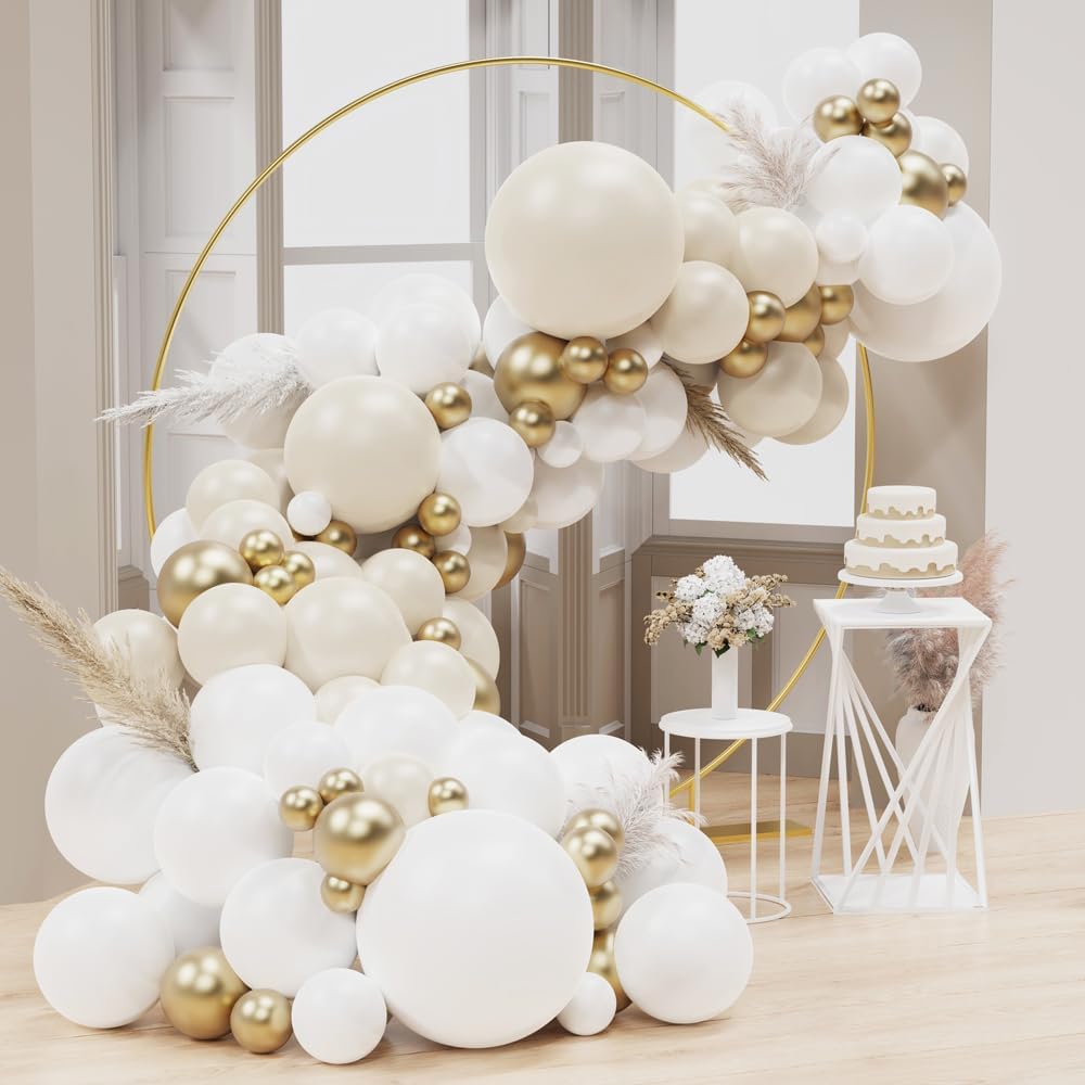 129Pcs Gold and White Latex Balloon Set Suitable for Birthday Parties, Weddings, Valentine's Day Parties, and Decoration