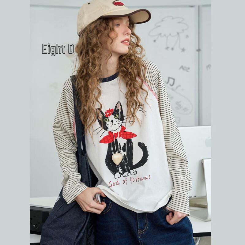 a02 Women's Casual Crew Neck Long Sleeve Cartoon Graphic Cotton T-Shirt