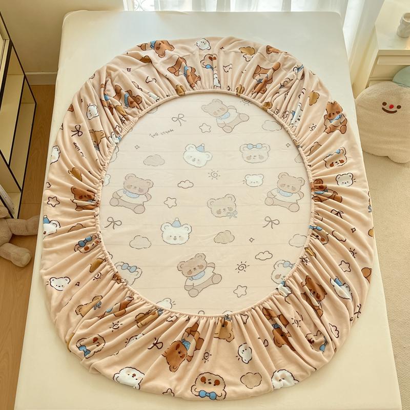 Cute Cartoon Bear Pattern Flannel Fitted Sheet Set Warm Breathable Super Soft Deep Pockets Mattress Cover for Kids Boys Girls