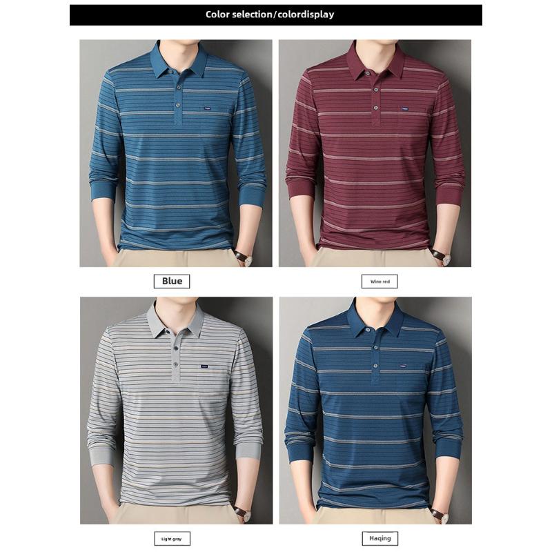 Striped Long-Sleeved Shirt Spring and Autumn Middle-Aged Men's T-shirt Loose Casual Dad Wear T-shirt Undershirt Top
