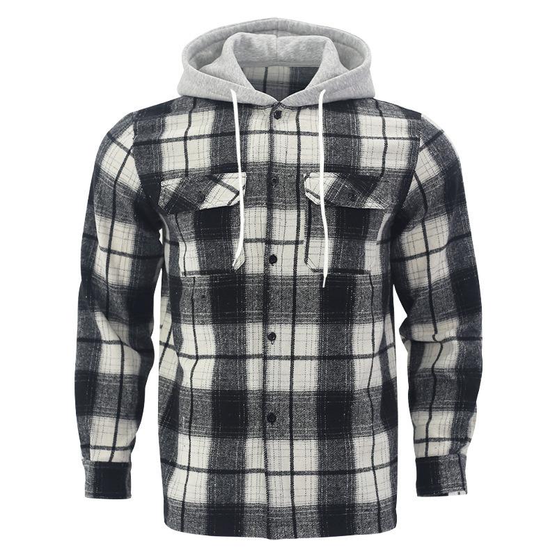 Autumn New Arrival: Loose-Fit Casual Jacquard Men's Long-Sleeved Hooded Check Shirt