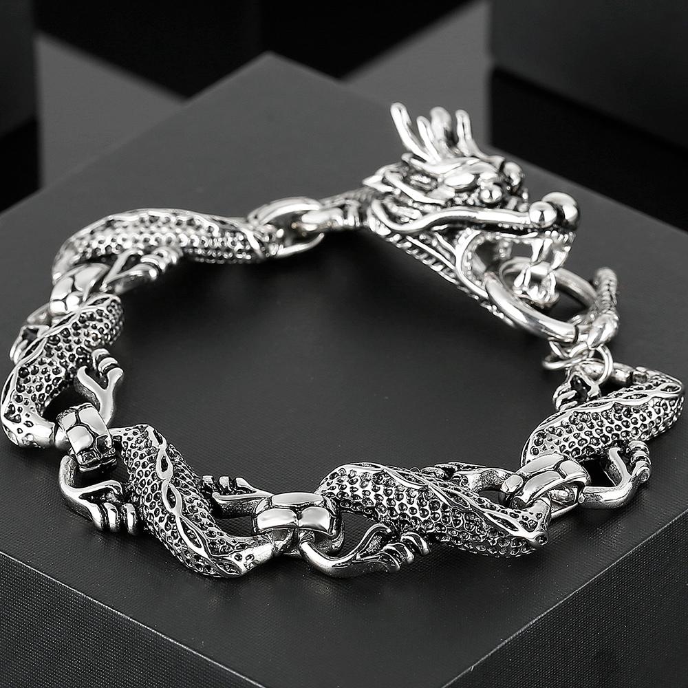 Massive Chinese Dragon Cuff Men's Bracelets Vintage Stainless Steel Loong Head Body Chain Bracelet for Man Gothic Jewelry Gifts