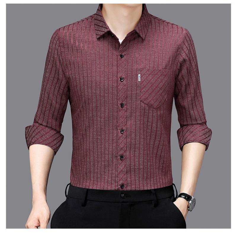 Smooth Anti-pilling Mulberry Silk Men's Long-sleeved Shirt Spring and Autumn New Striped Shirt No Ironing
