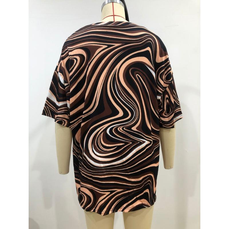 Summer V-neck 3D Printed Wave Pattern Top Fashionable Casual Short Sleeved Plus Size Women's T-shirts