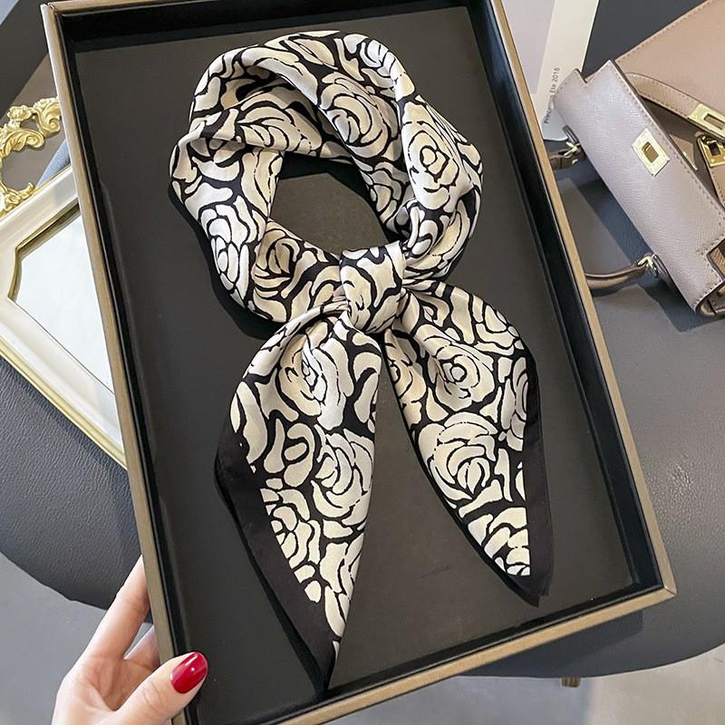 100% Pure Silk Square Scarf Women Black White Camellia Print 68x68cm Lightweight Elegant Wrap Office Casual Wear