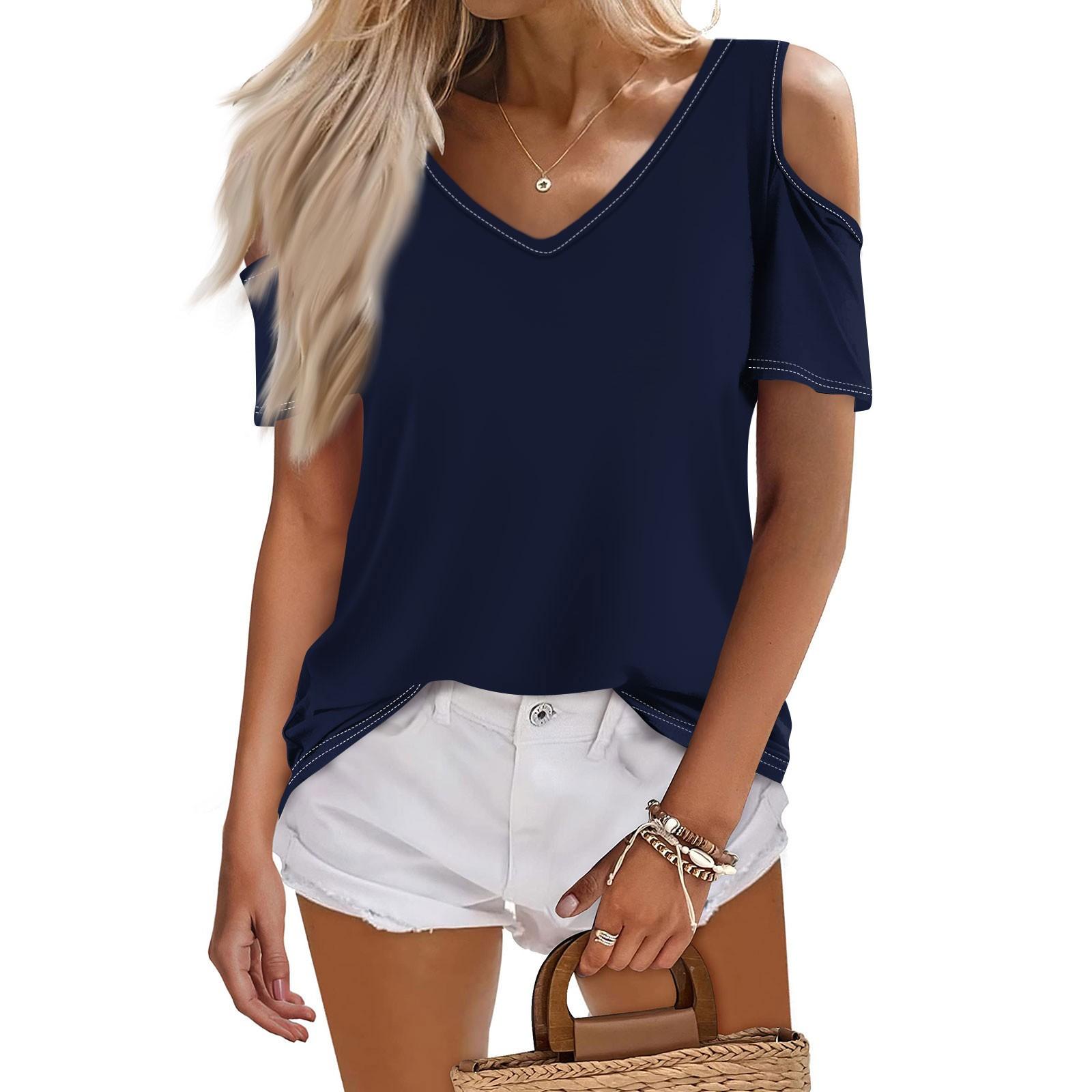 

Жіноча літня модна повсякденна однотонна футболка з V-подібним вирізом і короткими рукавами XXXL Темно-синій