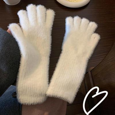 1Pc Sweet Mink Wool Long Gloves Women Winter Thicken Knitted Warm Short Fluffy Plush Mittens Protective Arm Anti-cold Outdoor Gloves