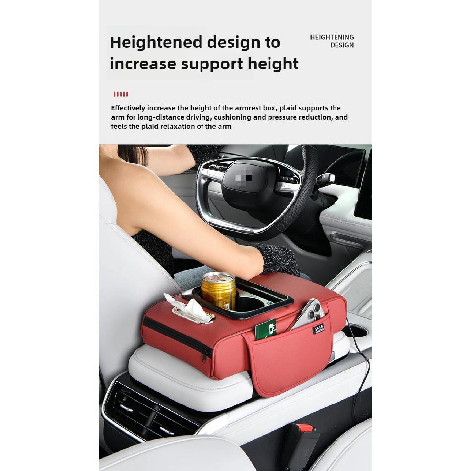 Multi-Function Car Armrest Box with USB Port - Storage Booster Pad Center Console Tissue Box And Water Cup Holder for Vehicle