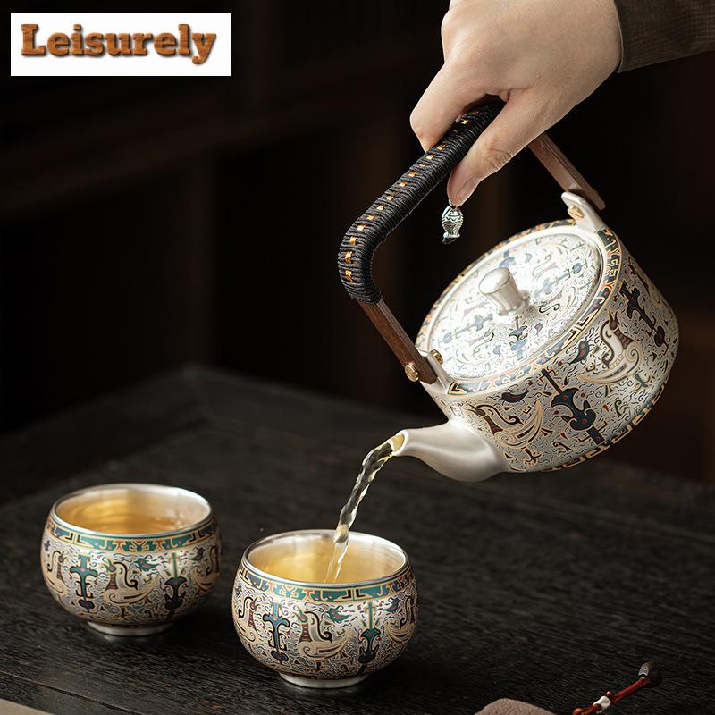 320ml Gilt Silver Dunhuang Bird Of Destiny Lifting Handle Teapot Zen Tea Infuser Pot Tea Soaking Kettle With Strainer Tea Set