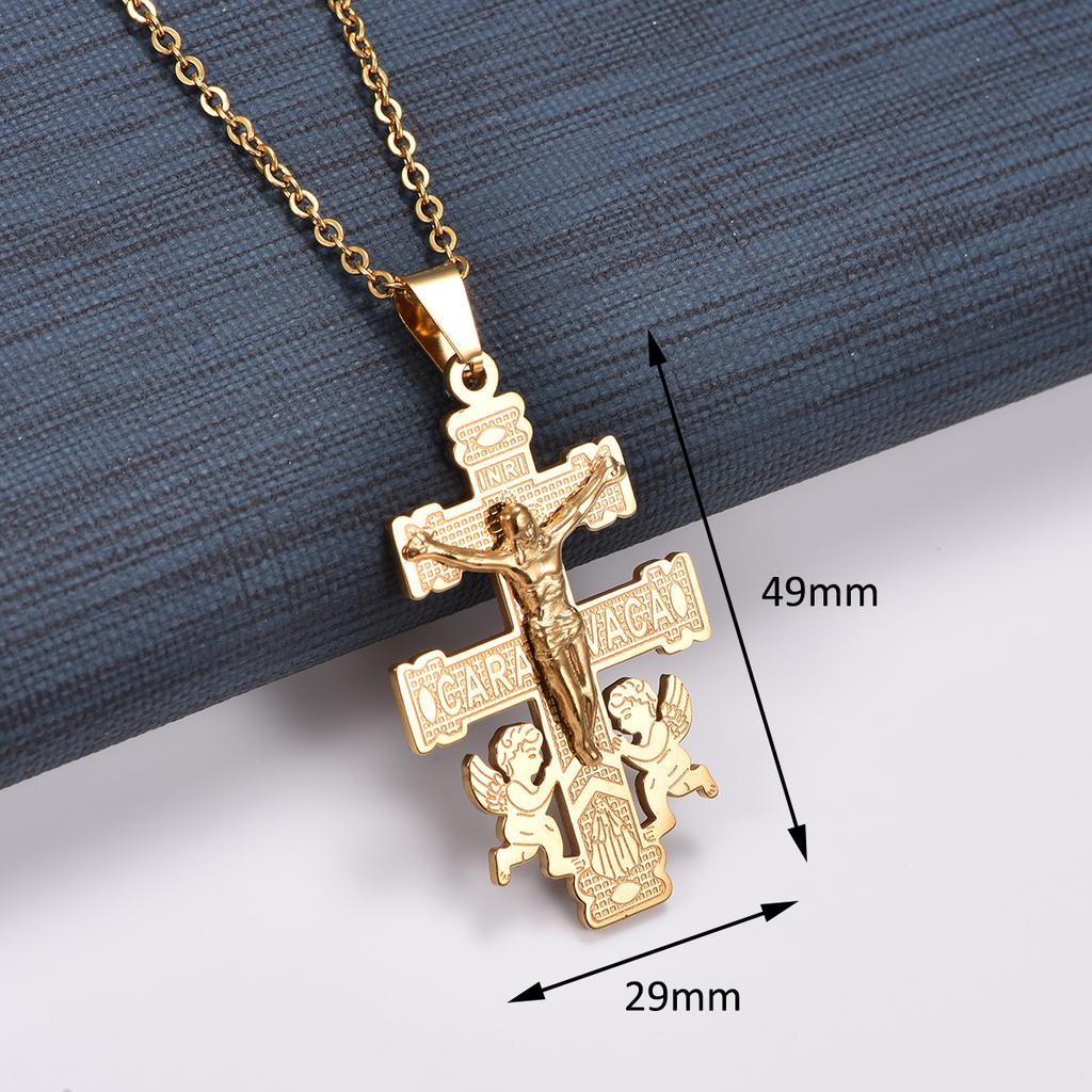 Retro Stainless Steel Little Angel Jesus Crucifix Cross Pendant Necklace Chain for Women Men Prayer Faith Charms Metal Jewelry