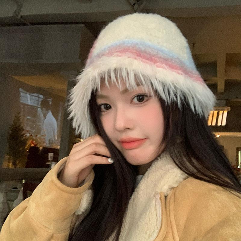 Color dopamine plush bucket hat women's autumn and winter new models show small face warm versatile sweet knitted basin hat