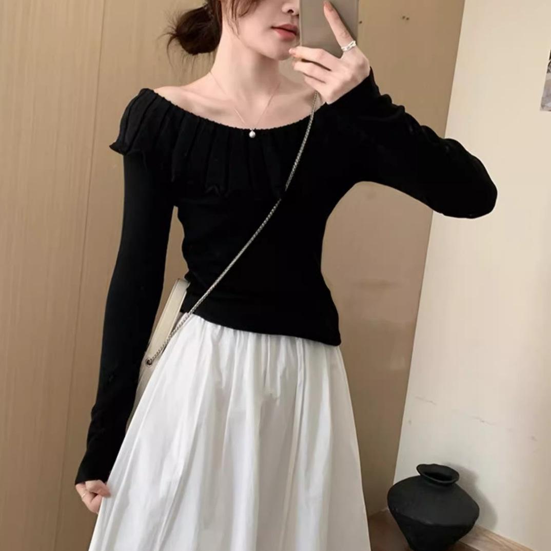 

Core-spun yarn, gentle wind, one-word shoulder fine wool, autumn and winter doll collar ruffle edge knitted sweater with female inside one size fits all