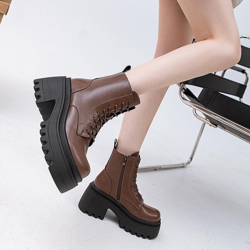 Retro Martin Stiefel Herbst und Winter neu 2025 Damen Lederstiefel einfarbig schlichte Mode dicksohlige mittelhohe Stiefel runde Spitze Lederstiefel