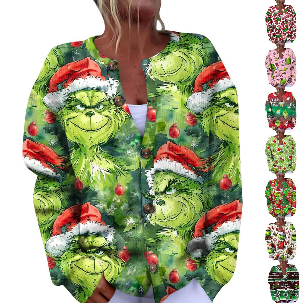 Women's Fashion Christmas Printed Long Sleeve Knitted Cardigan Button Down Jacket