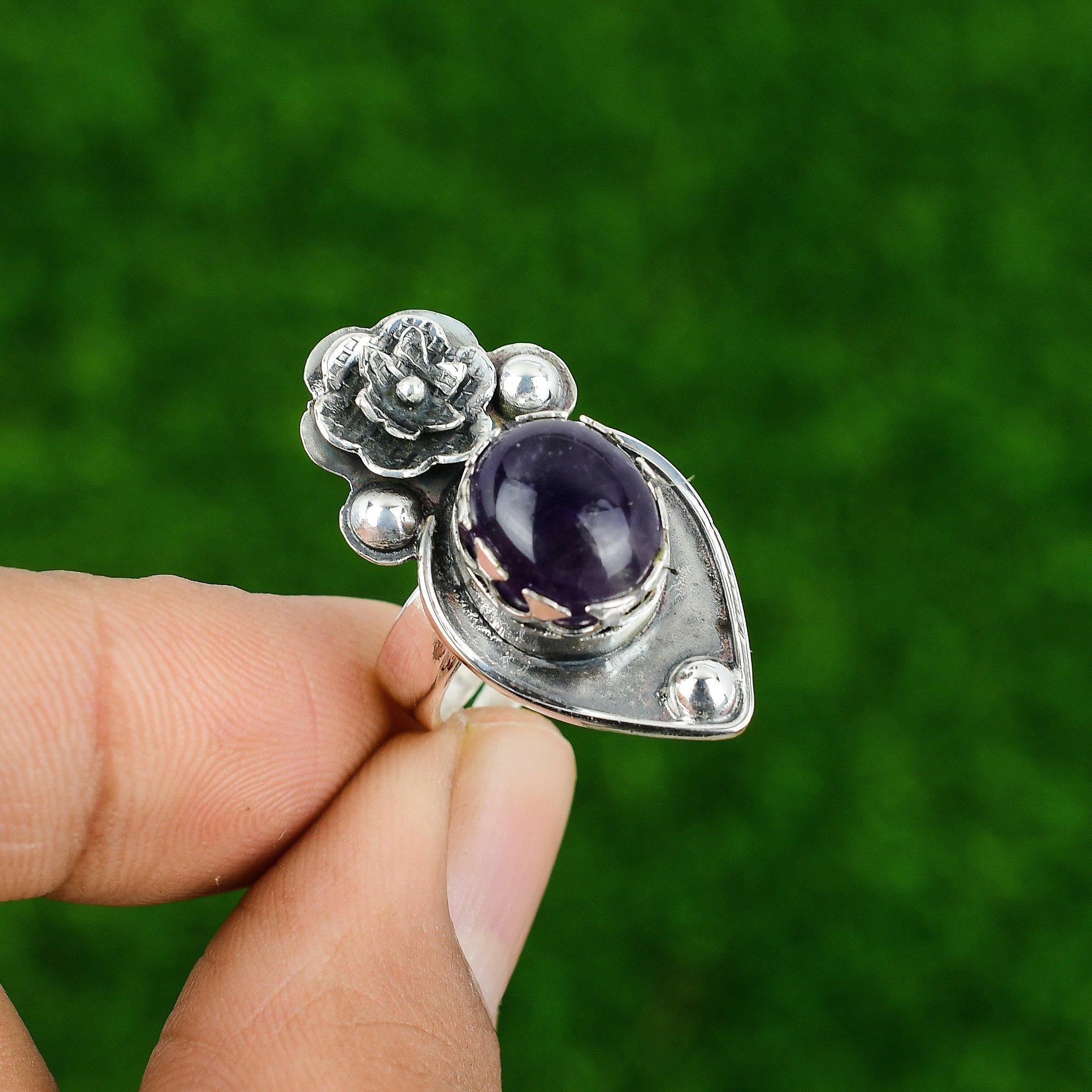 

Gift For Her 925 Silver Natural African Amethyst Promise Flower Adjustable Ring Adjustable