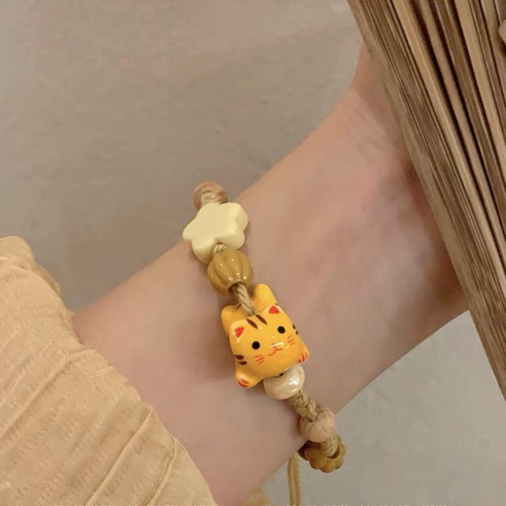 Korean Style Maneki Neko Bracelet Lucky Cat Cat Bead Bracelet Creative Ceramic Cat Bracelet  Friend