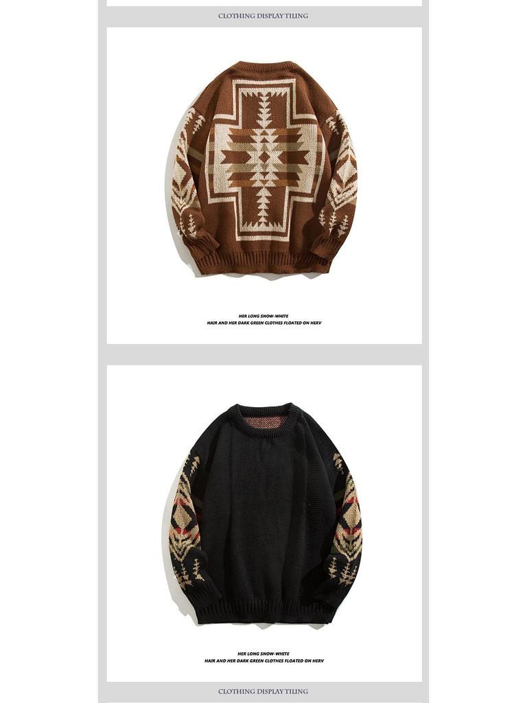 Herren Retro Ethno Stil Rundhals Pullover - Trendige Lässige Strickjacke mit Coolem, Lässigem Design.