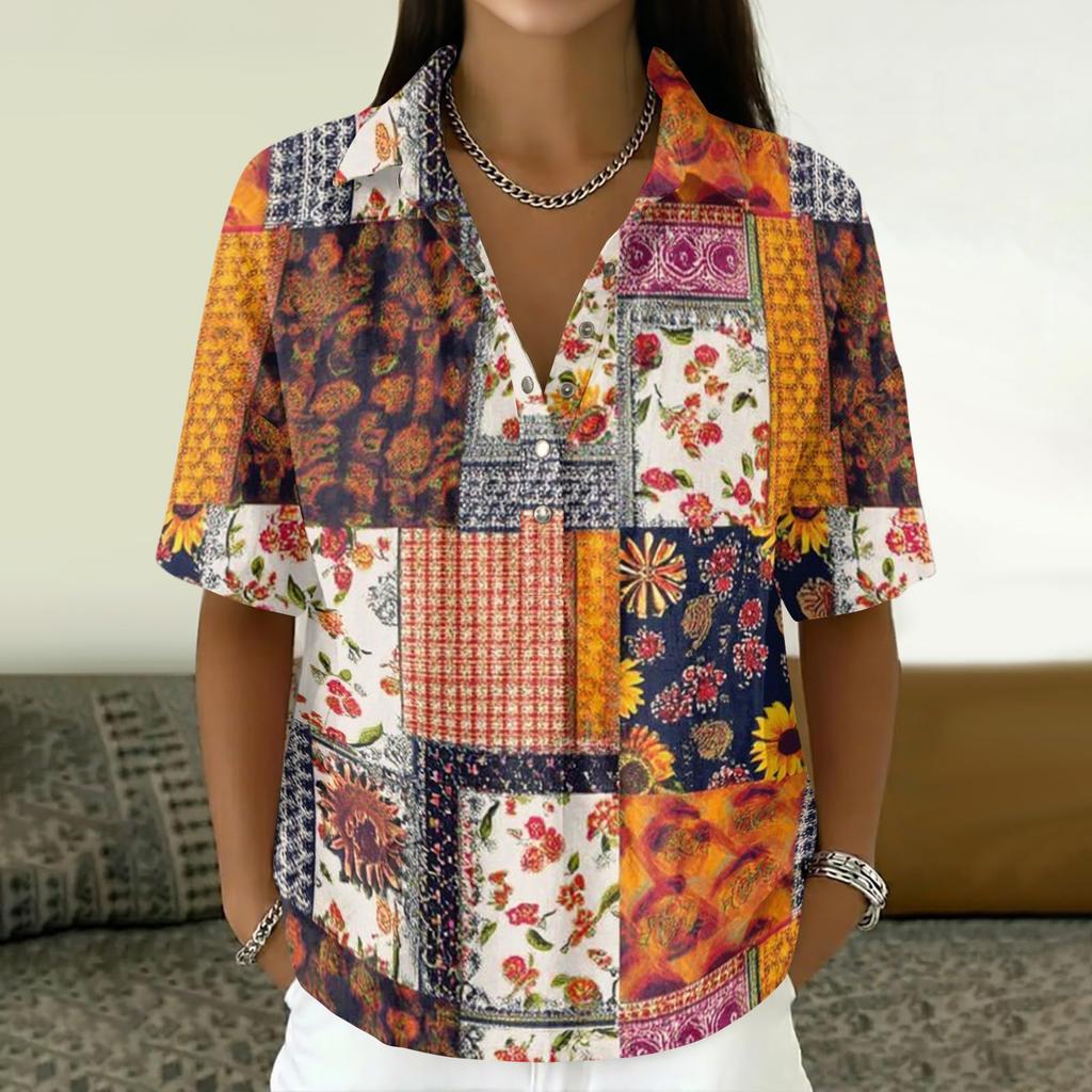 Women's Vintage Floral Print Button Down Shirt Short Sleeve Loose Fit Collared Top Made with Linen Blend Fabric Casual Summer Blouse