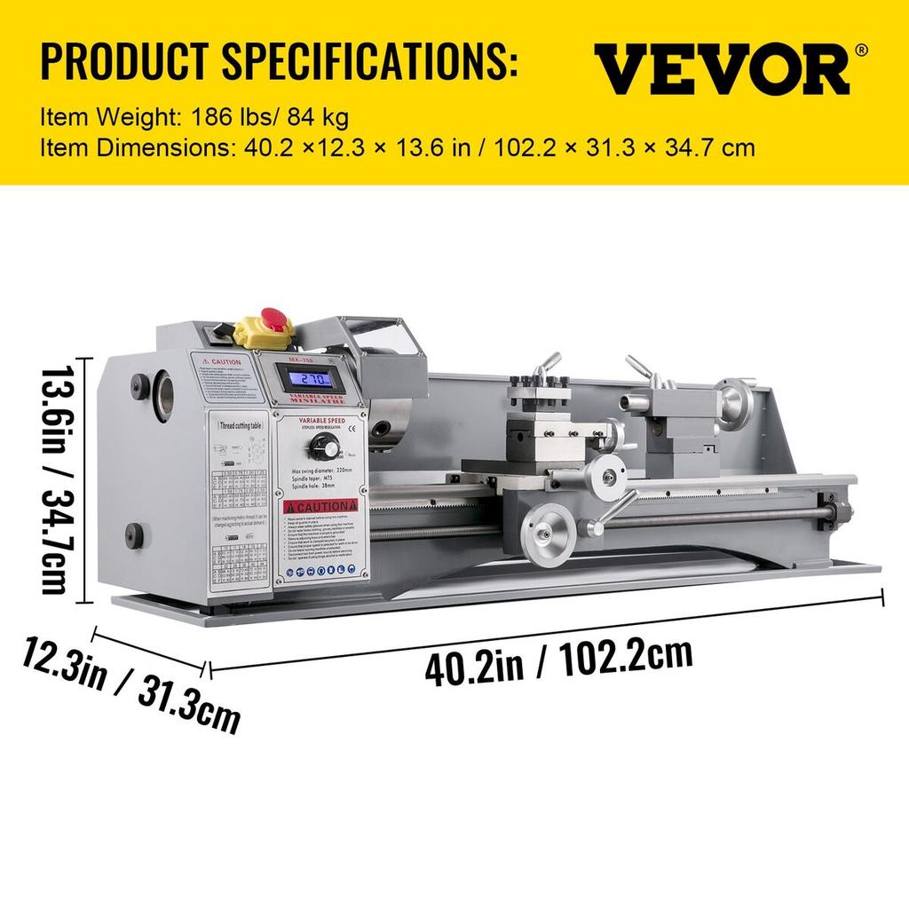1100W Mini Metal Lathe 220MMx750MM Variable-Speed Metal Lathe RPM Metal Milling Machine Digital Milling Metal Lathe with 3-Jaw Chuck, MT5 Spindle