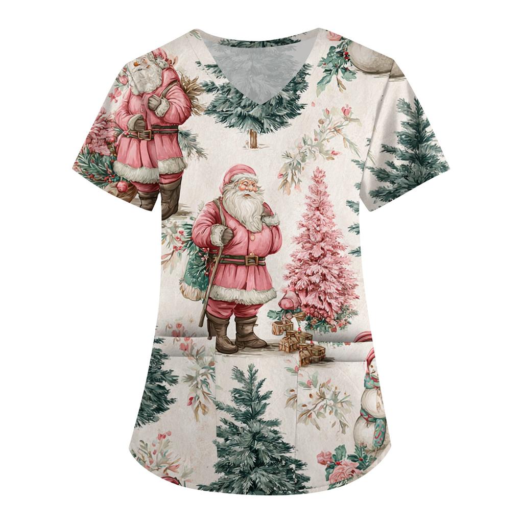 Women's Printing Uniform Work Uniform V-neck Pockets Basic Short Sleeve Pullover Top