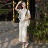 Elegant Beige Chinese-Inspired Long Cheongsam Dress Women 2025 Short Sleeve Retro Style Daily Wear