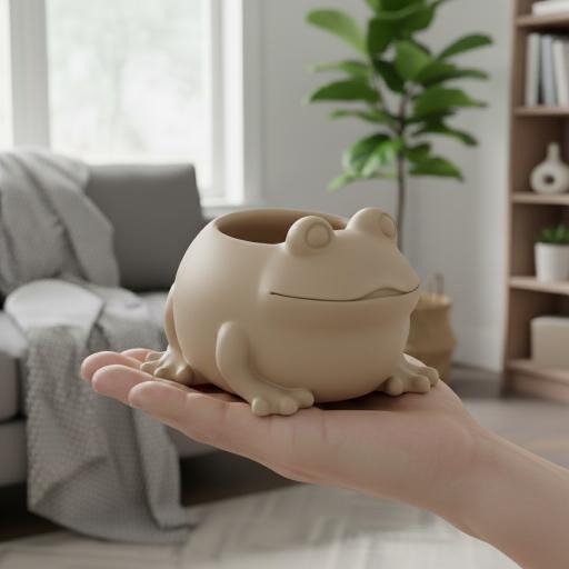 Beige Decorative Pot for Plants In the Shape of a Frog, Modern Design