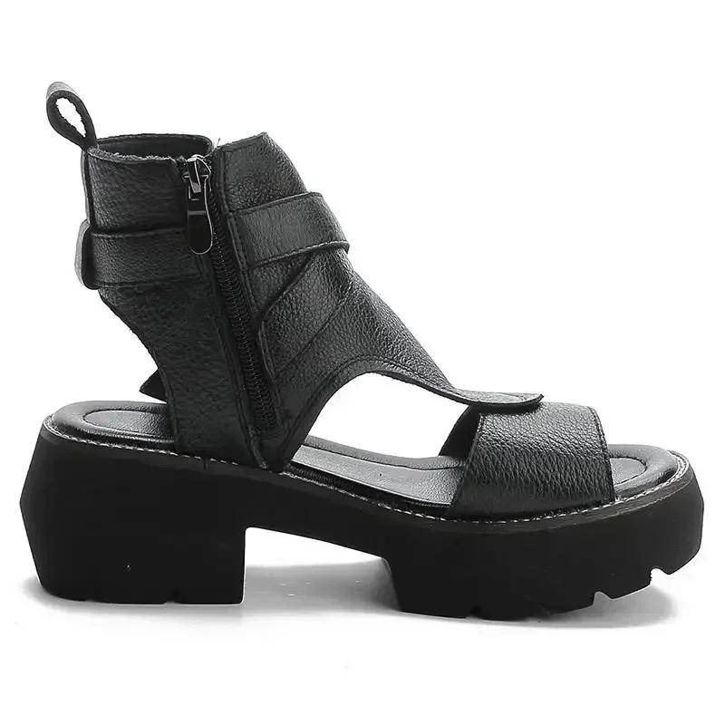 Fashion 2025 New Summer Shoes Women Sandals Retro Genuine Leather Wedges Platform Peep Toe High Heel Black
