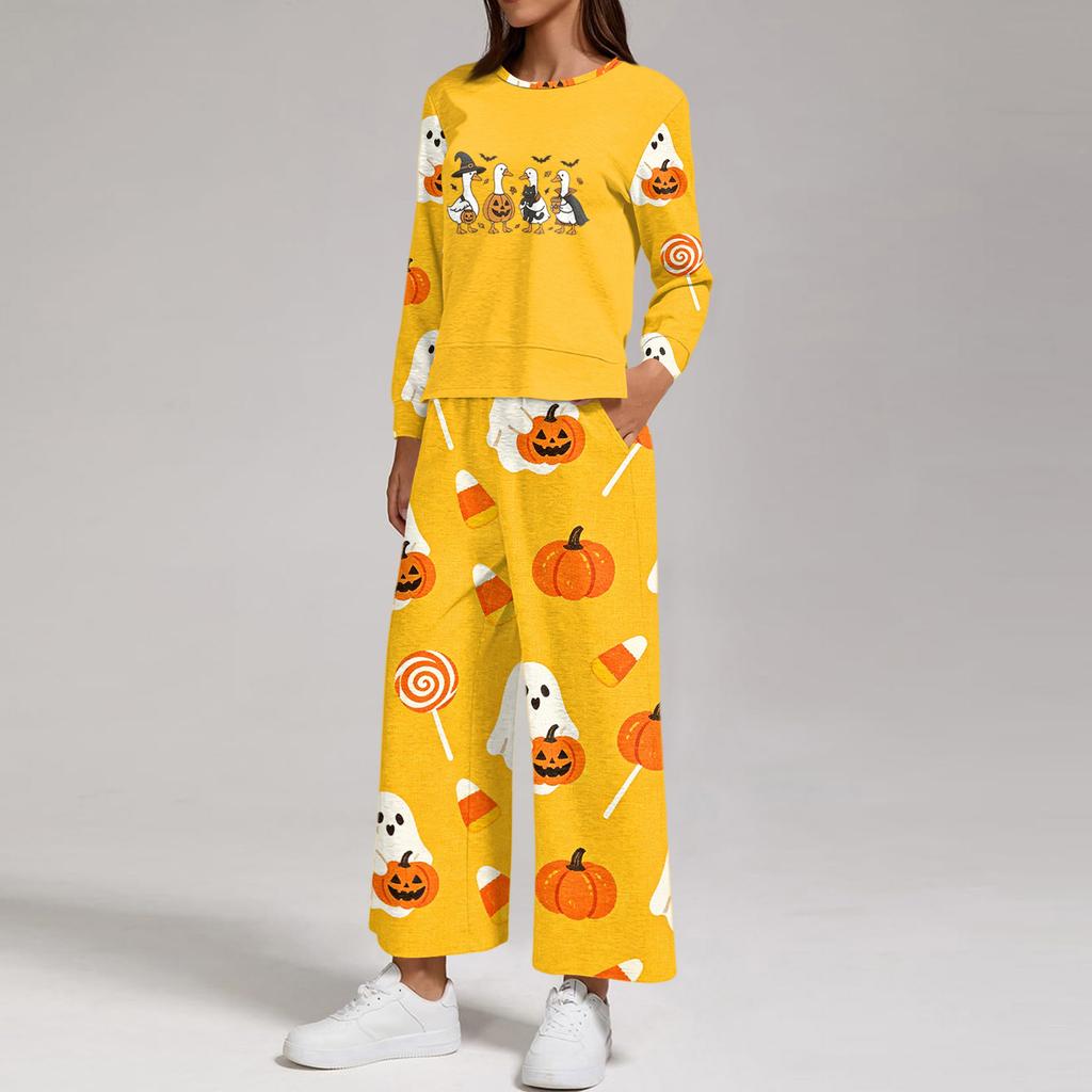 Women's Casual Round Neck Loose Fit Sweatshirt and Pants Set with Halloween Print Hem Slit for Halloween