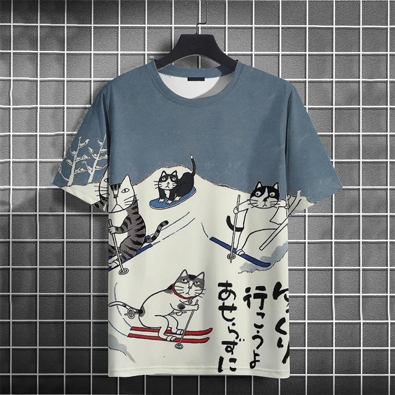 Summer Round Neck 3D Funny Cat Print Top Fashionable Casual Short Sleeved Men's T-shirts