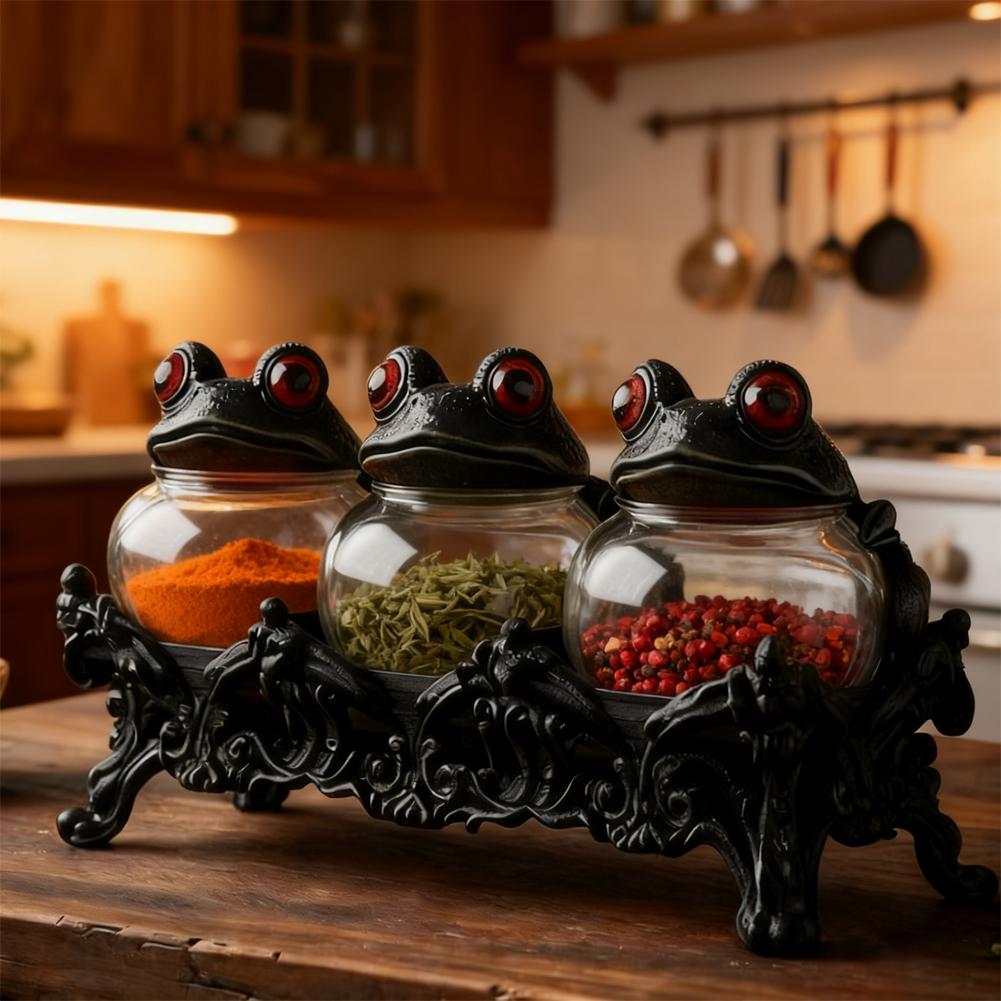 Handcrafted Witchy Frog Apothecary Spice Jars Clear Seasoning Jars 3 Piece Frog Spice Jar Set Spice Containers for Salt Pepper