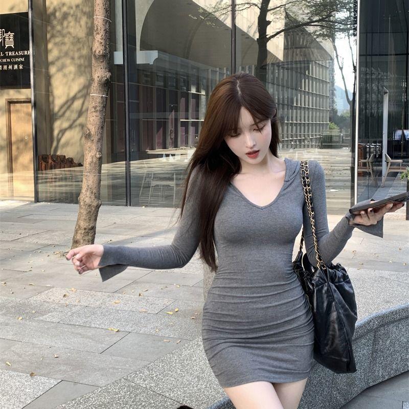 Fashion Pure Desire Sexy Hooded Long-sleeved Dress Women's Clothing Spring New Slim and Thin Stacked Hip-wrapped Short Skirt