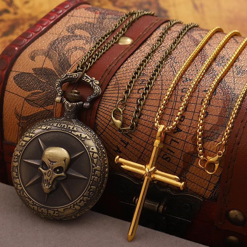 

2 шт./набор, 1 шт. модные классические мужские часы кварцевое ожерелье кулон карманные часы для мужчин и 1 шт. классическое золотое ожерелье с крестом, идеальный выбор для подарков