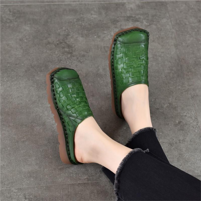 Johnature Genuine Leather Retro Weaving Square Toe Women's Slippers Versatile Outerdoor Flat Slip-on Shoes