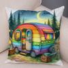 Happy Campers Pillow Case Double Print Decor Cartoon House Travel Car Cushion Cover for Sofa Home Soft Plush Pillowcase