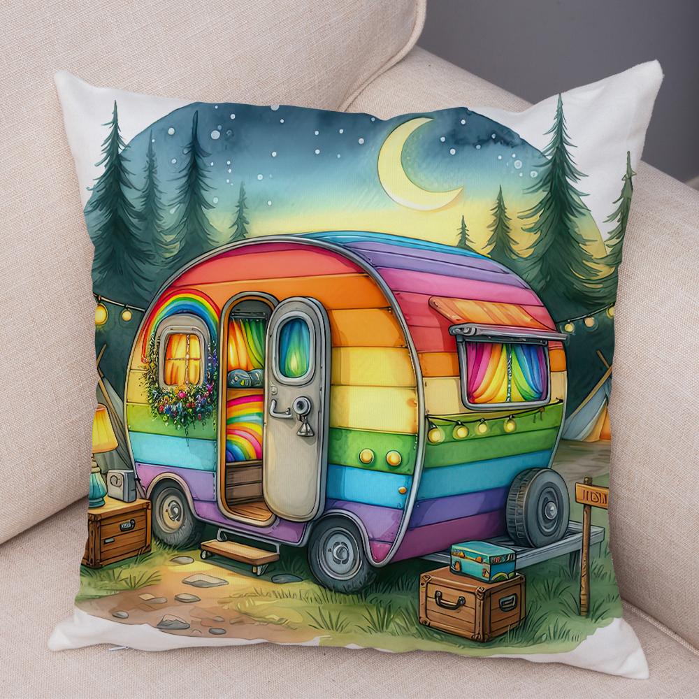 Happy Campers Pillow Case Double Print Decor Cartoon House Travel Car Cushion Cover for Sofa Home Soft Plush Pillowcase