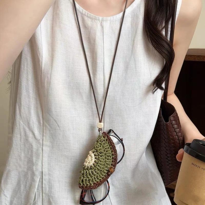 1Pcs Dopamine-Woven Fruit-Shaped Sunglasses Holder Necklace For Women - Summer Sunglasses Storage Pouch With Long Hanging Strap