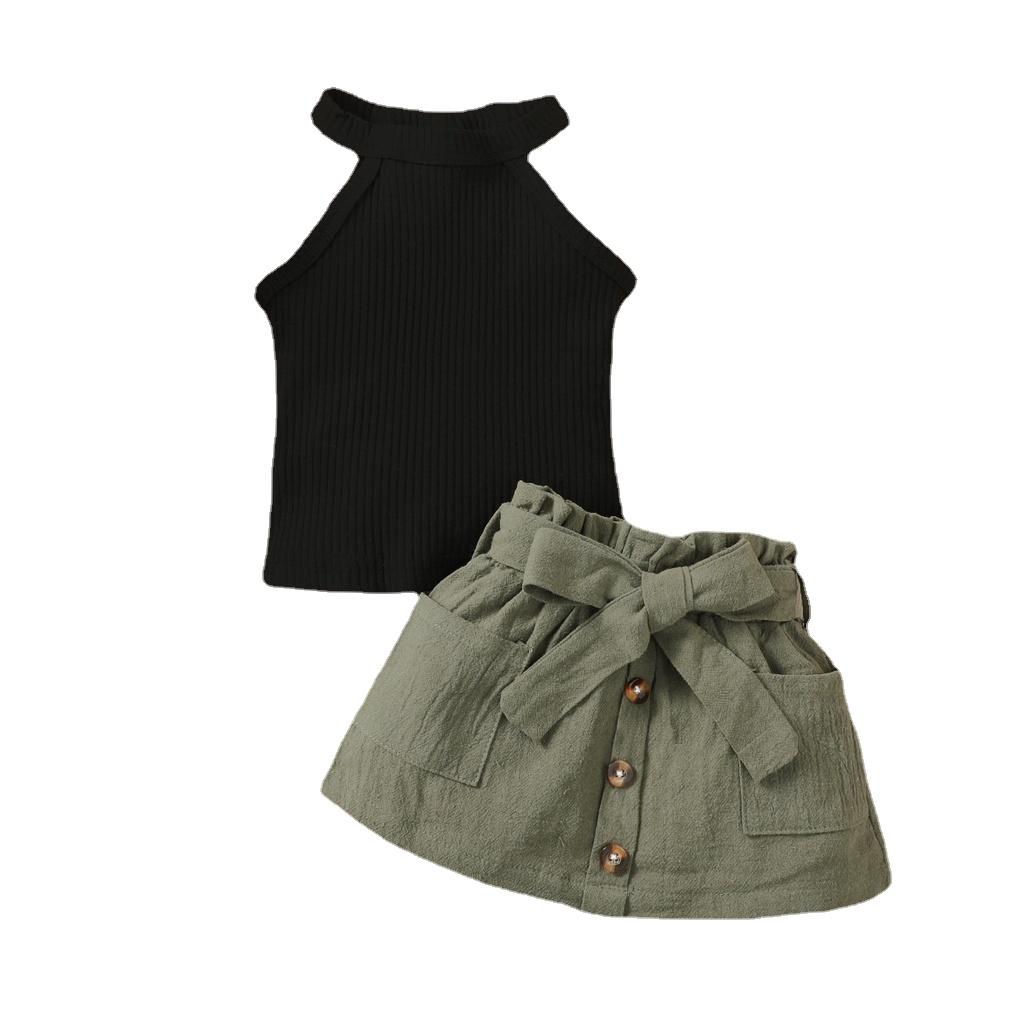 2PCS Baby Girl Clothing Set Ribbed Hanging Neck Top+Short Skirt Fashion Korean Style Summer Outfit for 3-24Months Toddler Girl 3-6M чёрный/зелёный