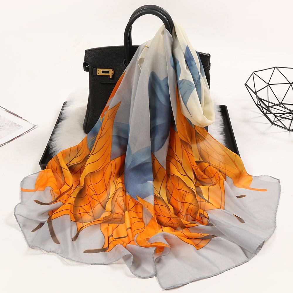 Chiffon Lotus Print Long Scarf - Lightweight, Thin Spring/Autumn Silk Accessory for Middle-Aged & Elderly