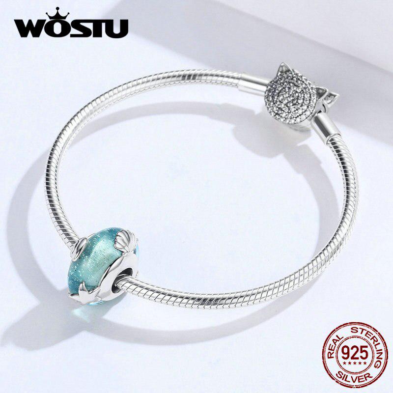 WOSTU Starfish & Shell Blue Beads 925 Sterling Silve Murano Glass Charm Fit Women Original Bracelet