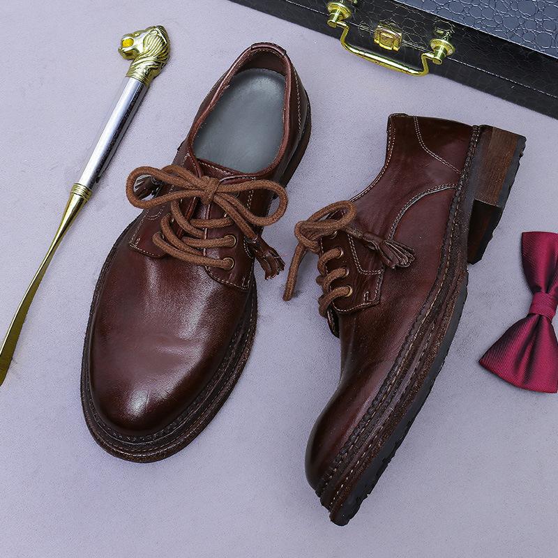 Washed Horse Leather Shoes Men's New Versatile Round Head Thick Heel Lace-up Goodyear Leather Shoes